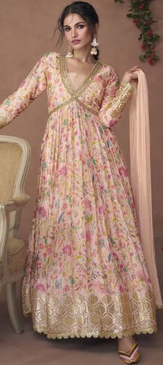 Pink and Majenta color Gown in Organza Silk fabric with Embroidered, Floral, Printed, Thread, Zari work Alia Cut Dress, Silk Anarkali Gown, Printed Long Gowns, Alia Cut, Silk Anarkali Suits, Anarkali Dresses, Silk Anarkali, Gown With Dupatta, Designer Anarkali Suits