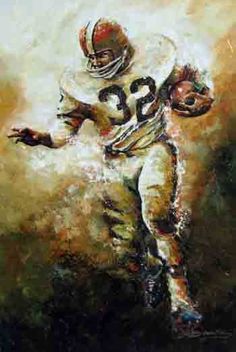 a painting of a football player running with the ball