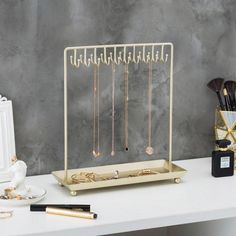 Brass-Tone 20-Hook Necklace Display Display Tower, Toothbrush And Toothpaste Holder, Ring Organizer, Glass Display Case, Bracelets And Rings, Dorm Inspo, Dorm Art, Ring Tray, Hook Necklace