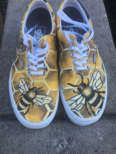 Hand painted canvas sneakers. Weatherproof for your lifestyle. I use Vans brand shoes primarily, but I am willing to paint on another brand, as long as it is canvas material.  This design is also available in children's sizes. Children's shoes are $70. Please message me if you would like to order this design in a children's size or for all other questions and concerns. Casual Yellow Custom Sneakers With Waterproof Paint, Yellow Low-top Sneakers With Custom Artwork, Yellow Sneakers With Custom Artwork And Round Toe, Artistic Canvas Sneakers With Rubber Sole, Hand-painted Canvas Shoes With Round Toe, Hand Painted Canvas Shoes With Round Toe, Artistic White Canvas Sneakers, Hand Painted Round Toe Canvas Shoes, Artistic Yellow Low-top Sneakers