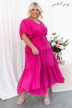 Hot pink maxi dress, pink flowy dress, short sleeves, tiered dress, tie front maxi dress, summer dress Summer V-neck Belted Midi Dress, Pink Belted V-neck Midi Dress, Summer Midi V-neck Dress With Tie Waist, Summer Flowy V-neck Dress With Tie Waist, Flowy Summer V-neck Dress With Tie Waist, Chic V-neck Midi Dress With Tie Fastening, Spring Vacation V-neck Dress With Tie Waist, Chic Flutter Sleeve Dress With Tie Waist, Chic Flowy Midi Dress With Tie Waist