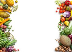 an assortment of fruits and vegetables on a white background with space in the center for text