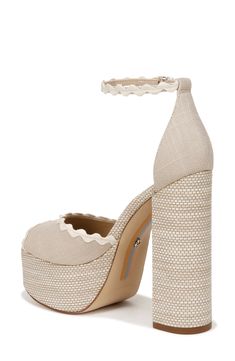 A raffia-wrapped platform and sky-high block heel lift a beachy ankle-strap sandal framed by dainty rickrack trim. 5 1/2" heel; 1 3/4" platform Adjustable ankle strap with buckle closure Textile upper/synthetic lining/rubber sole Imported Flip Flop Slippers, Baby Boy Shoes, Sweaters And Leggings, Sky High, Sandal Women, Ankle Strap Sandals, Handbag Backpack, Boys Shoes