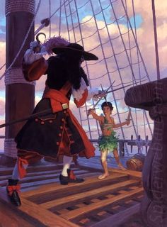 two people on a boat in the water with one holding an umbrella and another wearing a pirate costume