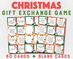 christmas gift exchange game with 50 cards and blank cards on the front, in red and green