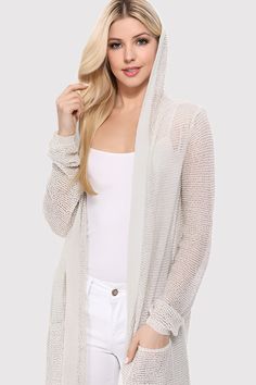 Open stitches lend lots of texture to this cover-up cardigan that’s perfect for warm-weather. Material: 65% acrylic 35% polyester Stretch: Slightly stretchy Imported Product Measurements S/M: 43.0 (Bust), 35 (Length), 23.5” (Sleeve length) M/L: 46.0 (Bust), 36 (Length), 24” (Sleeve length) Summer Layering, Stitch Hoodie, Summer Cool, Hoodie Cardigan, Flower Child, Long Hoodie, Long Cardigan, Black Cardigan, Layering Pieces