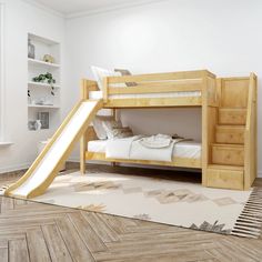 there is a bunk bed with a slide in the room