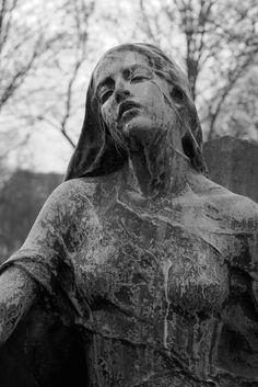 a black and white photo of a statue with trees in the background