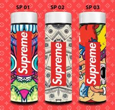 three different styles of supreme cans on a red background