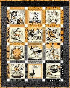 an orange and black quilt with pictures of cats on it's sides, including pumpkins