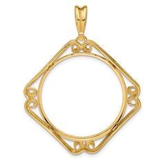 14k Solid Yellow Gold Prong Coin Bezel Holder for 27mm Coins or 1/2 oz American Eagle or US $10 Dollar Liberty or US $10 Indian or 1/2 oz Panda Cushion Shape Scroll Design Pendant Charm This 14k solid yellow gold bezel holder is the ideal way to secure your precious 27mm coins in a Cushion Shaped Scroll Design Pendant. Expertly crafted with attention to detail, its reliable prong setting ensures your precious items stay safe and secure. Metal: 14K Yellow Gold Custom made to order Weight: approxi Gold Medallion Jewelry With Bezel Setting, Eagle Coin, Scroll Design, Prong Setting, American Eagle, Gold Filled, Gold Plate, Yellow Gold, Yellow