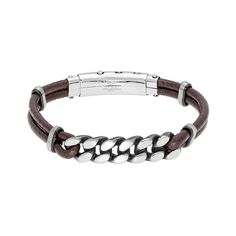 "Add a cool and exciting element to your look with this stainless steel and brown leather bracelet. Add a cool and exciting element to your look with this stainless steel and brown leather bracelet. Length: 8.5 in. Metal: stainless steel Finish: polished Additional details: adjustable design Packaging: pouch Please note, due to the high value of this item, a signature may be required upon delivery. Size: 8.5"". Gender: male. Age Group: adult." Casual Stainless Steel Bracelet With Clasp, Casual Stainless Steel Bracelets, Casual Stainless Steel Bracelet, Everyday Leather Bracelets With Stainless Steel Clasp, Trendy Brown Metal Bracelets, Casual Brown Metal Bracelets, Casual Brown Metal Bracelet, Silver Metal Bracelets With Leather Strap, Leather Bracelet With Stainless Steel Clasp