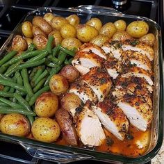 chicken, potatoes and green beans in a casserole dish