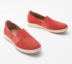 Get excited for warmer weather with these sweet slip-on sneakers. The laser-cut perforations create an easy-going vibe that pairs perfectly with all your laid-back looks. From Earth Brands Footwear.  Original item is A393607. This product may be a customer return, vendor sample, or on-air display and is not in its originally manufactured condition. It may not be new. In some instances, these items are repackaged by QVC. Get Excited, Pad Cover, Easy Going, Leather Slip Ons, Slip On Sneakers, Casual Sneakers, Slip On Sneaker, Laser Cut, Slip On