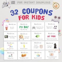 the 32 coupons for kids game is displayed in front of a white background with various items