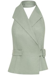 green linen/flax halterneck sleeveless notched lapels side buckle fastening open back Halter Vest, Halterneck Top, Fantasy Gowns, Yoko London, Water Consumption, City Dress, Halter Neck Top, Outerwear Vest, Looks Chic