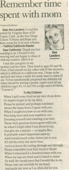 a newspaper article with an image of a woman's face and the words, remember time spent with mom