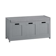 a grey bench with three doors and two drawers