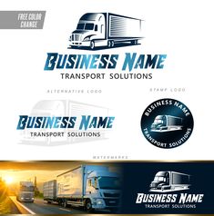 three logos for transport company with the sun setting behind them and an image of a truck on