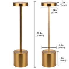 an image of two gold toilet brush holders with measurements for each one and the other side