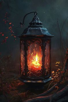 an old fashioned lantern lit up in the dark with autumn leaves on the ground around it