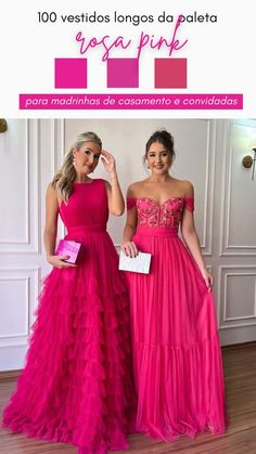 two women in dresses standing next to each other with the caption, 100 vestios longos de polata yosa pink