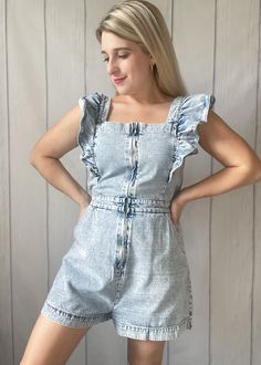 Ruffle Denim Romper 92% COTTON 8% POLYESTER Model is 5'1 and wearing a size small Zipper up the front detail Ruffle detail in the front and back Has some stretch Runs true to size Denim Romper, Denim Fashion, Online Purchase, Rompers, Boutique, Zipper, How To Wear