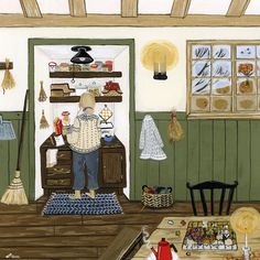 a painting of a person standing in a room with lots of things on the floor