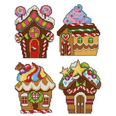 four different gingerbread houses are shown in cross - stitch style, each decorated with candy canes and candies