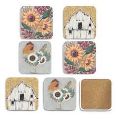 four coasters with farm animals and sunflowers on them