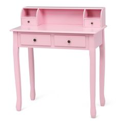 a pink desk with two drawers and a shelf on the top, against a white background