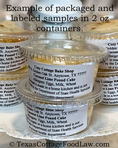 several containers of baked goods sitting on a tray with labels for each container and labeled sample samples in 2oz containers