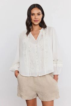 Velvet - Arianne top in off white Embroidered Lace Top, Cotton Shirts Women, Cami Nyc, Dressy Pants, Velvet Blouses, Lace Top Long Sleeve, Casual Denim, Embroidered Lace, Boutique Dresses