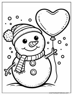 a snowman holding a heart shaped balloon