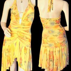 New, Never Been Used/Washed, Womens Sleeveless A-Line Sheath Halter Bodycon Dress With Deep V-Neck Cut Out Front, Open Back, In Yellow With Multicolor Rose/Roses Floral Print Or Flowers Pattern - Open Back Dresses, Cute And Sexy Dresses. Has A Deep Cleavage V-Neck Cut Out, And Wide Tie-Back Neck Strap With Open Back. The Floral Graphic Print Was Stamped Printed, So Random Areas Throughout The Dress Has Either Has Print Or No Print, See Photos. Fabric Material Is 100% Polyester. Made In Usa. Wome Fitted Summer Sleeveless Dress With Ruched Detail, Yellow Fitted Halter Dress, Fitted Floral Print Halter Neck Sleeveless Dress, Fitted Floral Print Halter Dress For Garden Party, Fitted Floral Print Summer Halter Dress, Fitted Floral Print Halter Summer Dress, Fitted Halter Sundress For Garden Party, Fitted Summer Halter Dress With Ruffles, Yellow Fitted Floral Print Sleeveless Dress