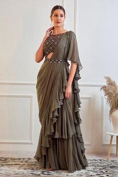 Shop for Jade By Ashima Green Georgette Pre-draped Saree With Blouse for Women Online at Aza Fashions Ruffled Saree, Saree Gowns, Drape Sarees, Net Blouse, Draped Saree, Net Blouses, Ruffle Saree, Saree Gown, Drape Saree