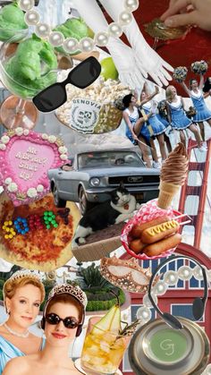 the collage is made up of many different items and people in dresses, hats, and jewelry