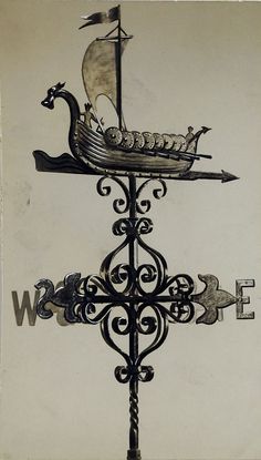 a black and white drawing of a boat on a pole with an arrow in the middle