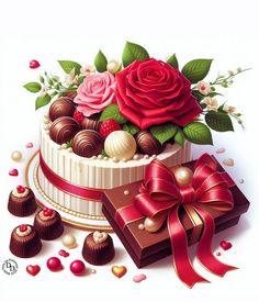 a painting of a cake with chocolates and roses on it, surrounded by candy