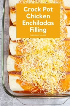 crock pot chicken enchiladas filling in a glass casserole dish