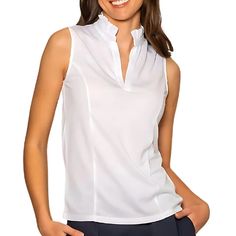 Ellie Day Classic Sleeveless Ruffle Collar V-Neck Top in White Ellie Day White Athleisure Tops For Golf, White Breathable Sleeveless Top, White Breathable Top For Golf, White 4-way Stretch Breathable Top, White Breathable 4-way Stretch Tops, Breathable 4-way Stretch White Tops, Cute Golf Outfit, Ruffle Collar, Effortless Chic