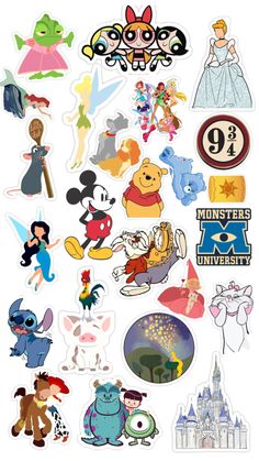 various disney stickers are shown on a white background