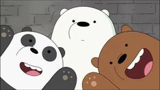 three cartoon bears with their mouths open in front of a brick wall and one bear has its mouth open