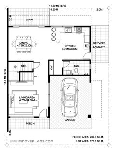 a floor plan for a house with two cars parked in the garage and one bedroom on the