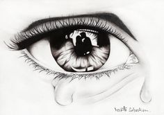 a pencil drawing of an eye with the reflection of a couple in it's iris