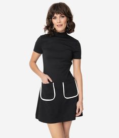 Smak Parlour Black Mock Turtleneck Wave Maker Dress Casual Fitted Dress With Stand Collar, Mod Mini Dress With Short Sleeves, Black Mod Mini Dress, Black Mock Turtleneck, Twofer Dress, 60's Mod, Mod Dress 60s, Black Frock, Easy Model