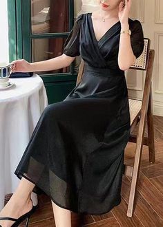 Indulge in luxury with our French Black V Neck Solid Silk Long Dresses, perfect for the summer season. Impeccably crafted from high-quality silk, these dresses exude elegance and sophistication. Elevate your wardrobe with these exclusive pieces.Fabric: Silk BlendedSize & Fit:Fit: This garment fits true to size.Length: Size S measures 46.41"from shoulder to hemBust: Great for any cup size. Waist: Loose Fit. Comfortable room throughout midsection.Hip: Loose Fit - room for hips.Hand Wash Cold. Long Dresses Summer, Fashion Shoes Flats, Silk Dress Long, Skirt Jumpsuit, Long Summer Dresses, Dresses Summer, Boho Stil, Skirt Leggings, Long Dresses