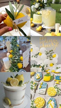 lemons and greenery are used to decorate the tables