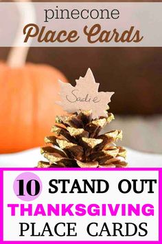 pine cone place cards with text overlay that reads 10 stand out thanksgiving place cards