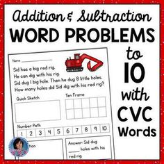 addition's subtraction word problems to 10 with cvc words and numbers